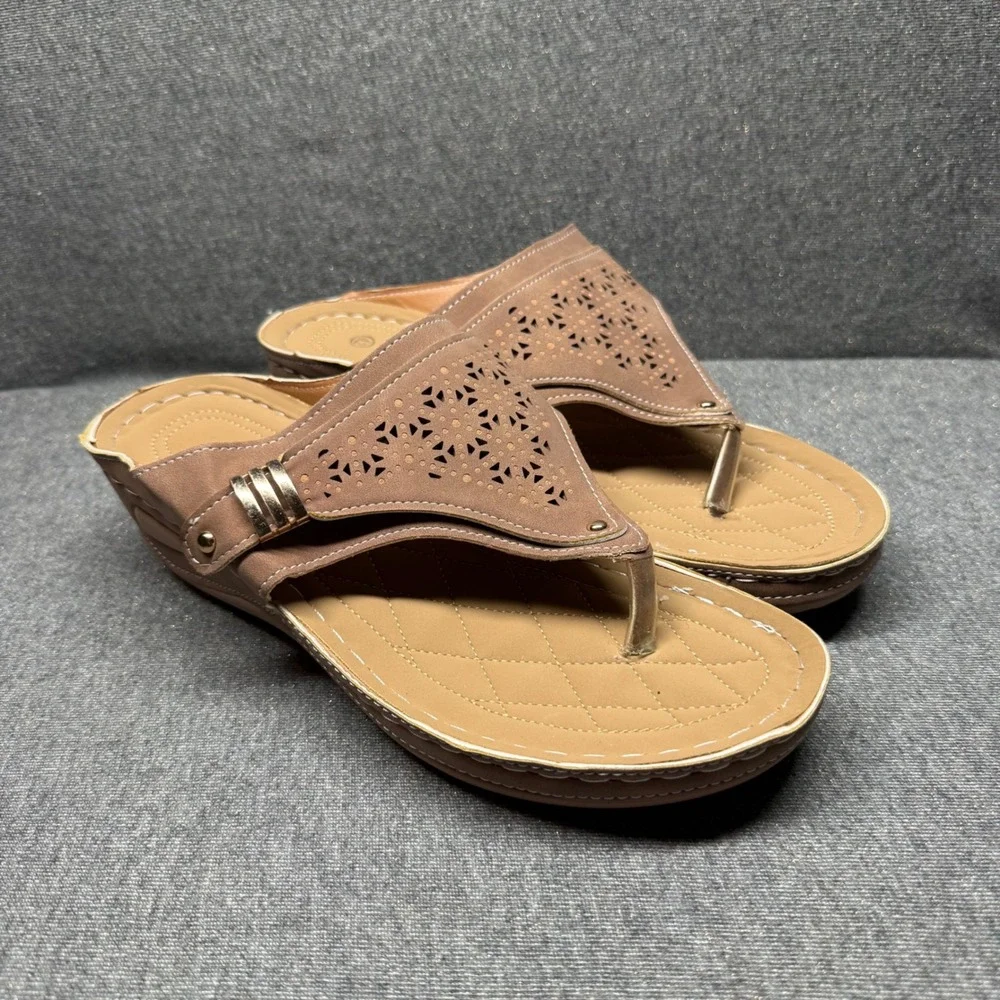 Boho Wedge Thong Sandals Laser Cut Tan Unbranded 42